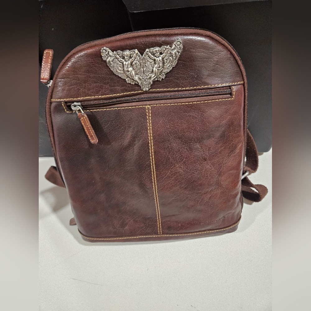 Vintage Jack Rogers Brown Leather Backpack with With Note Pad  Silver Accent